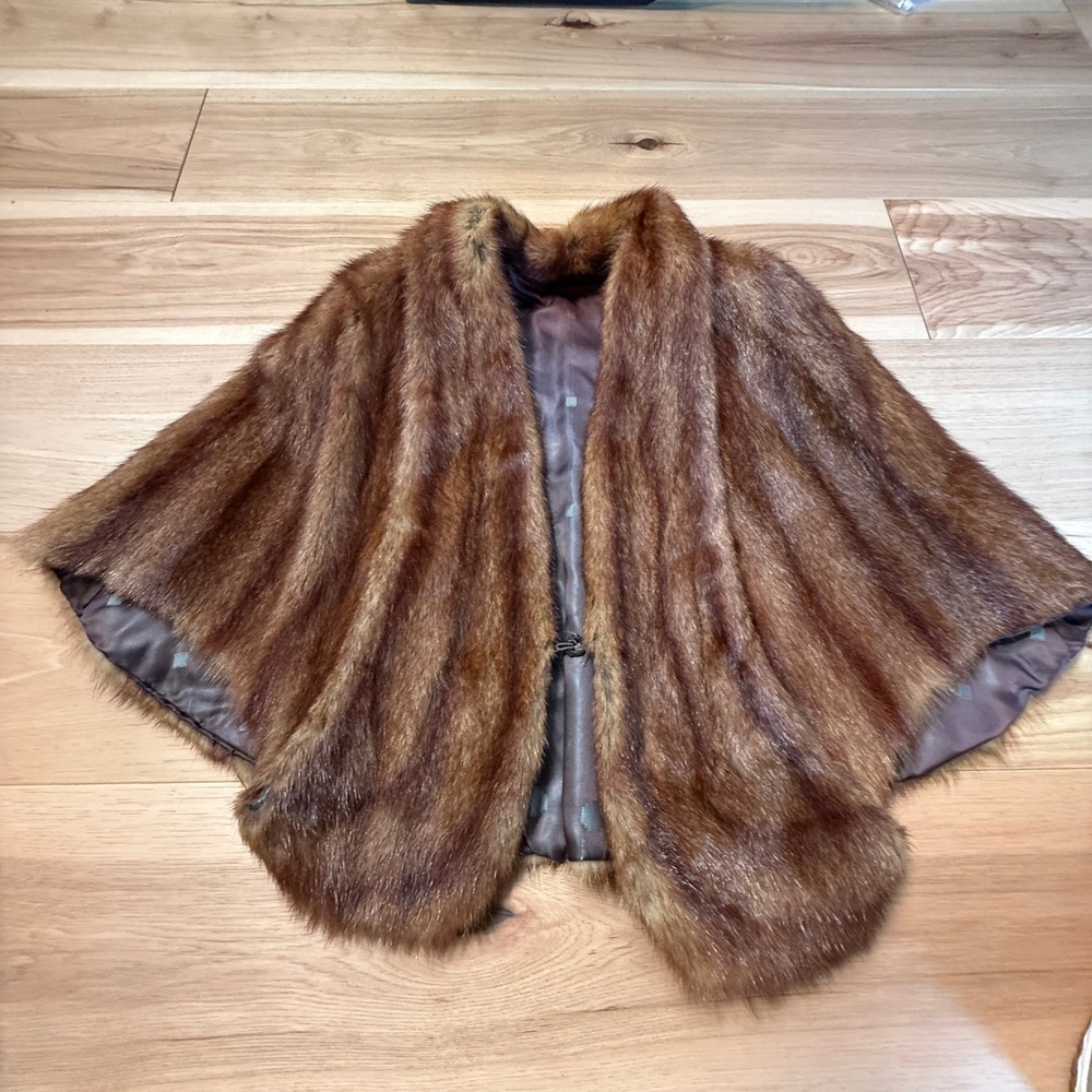 Vintage Faux Fur Capelet  Brown Mink Stole Wrap Formal Evening Wear Quiet Luxury
